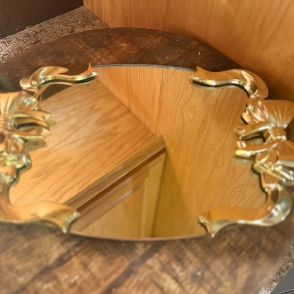 Hollywood Regency Style Vanity Mirror Tray Featuring Gold Ribbon And Bow Design